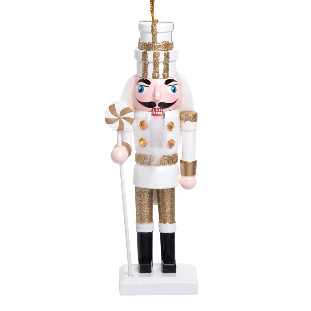 Suspension de Noël casse-noisette en bois de théier blanc et doré