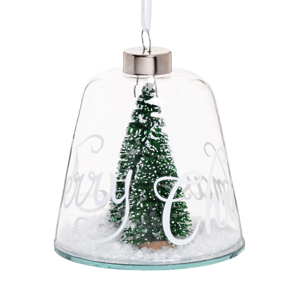 Suspension de Noël cloche en verre transparent et sapin en bois d'orme vert