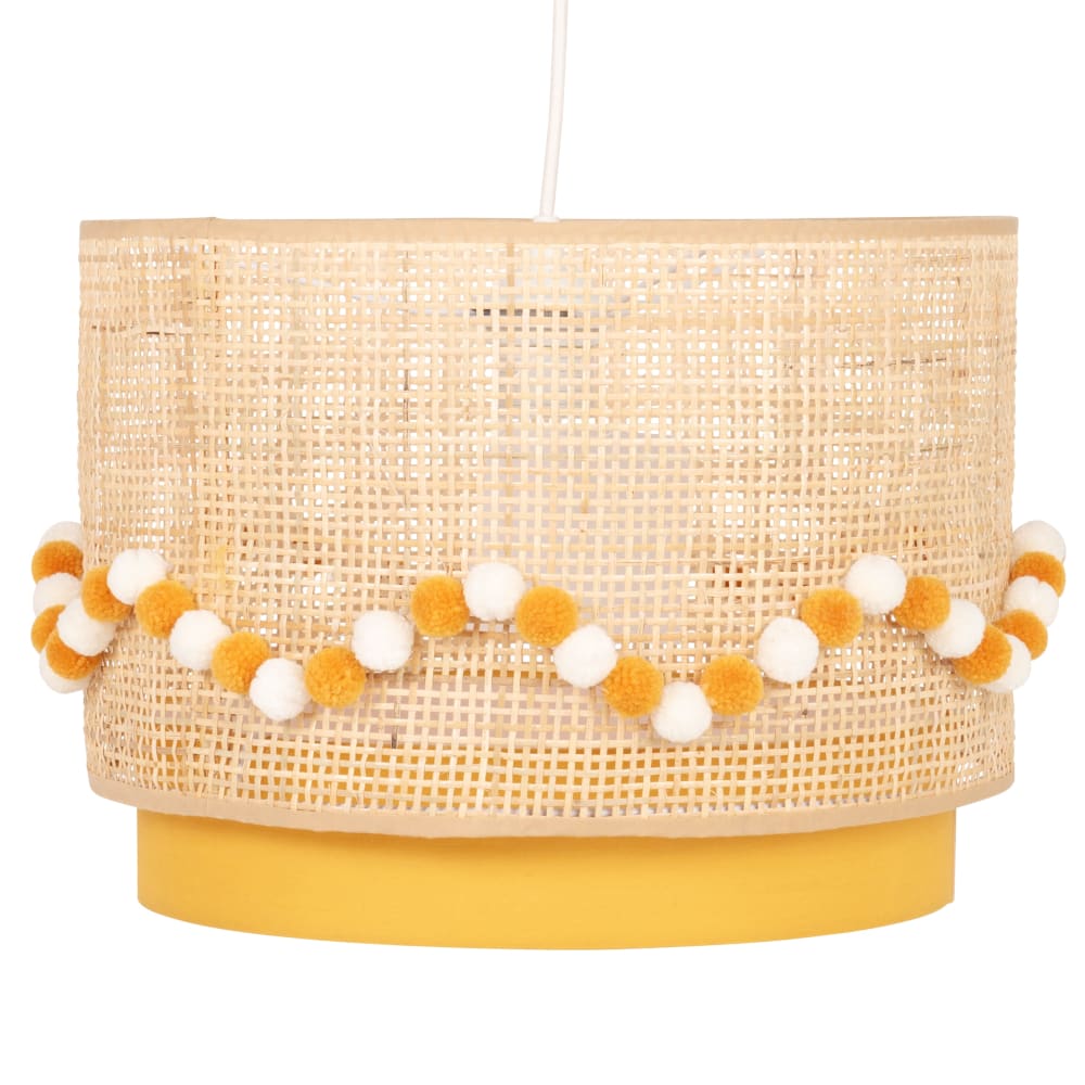 Suspension en rotin et tissu jaune décoré de pompons écrus et jaunes D35