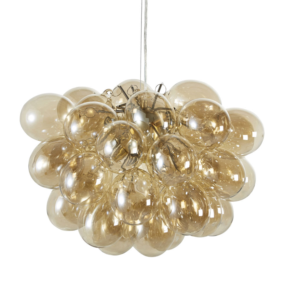 Suspension multi-globes en verre ambré et acier doré, Ø49 cm