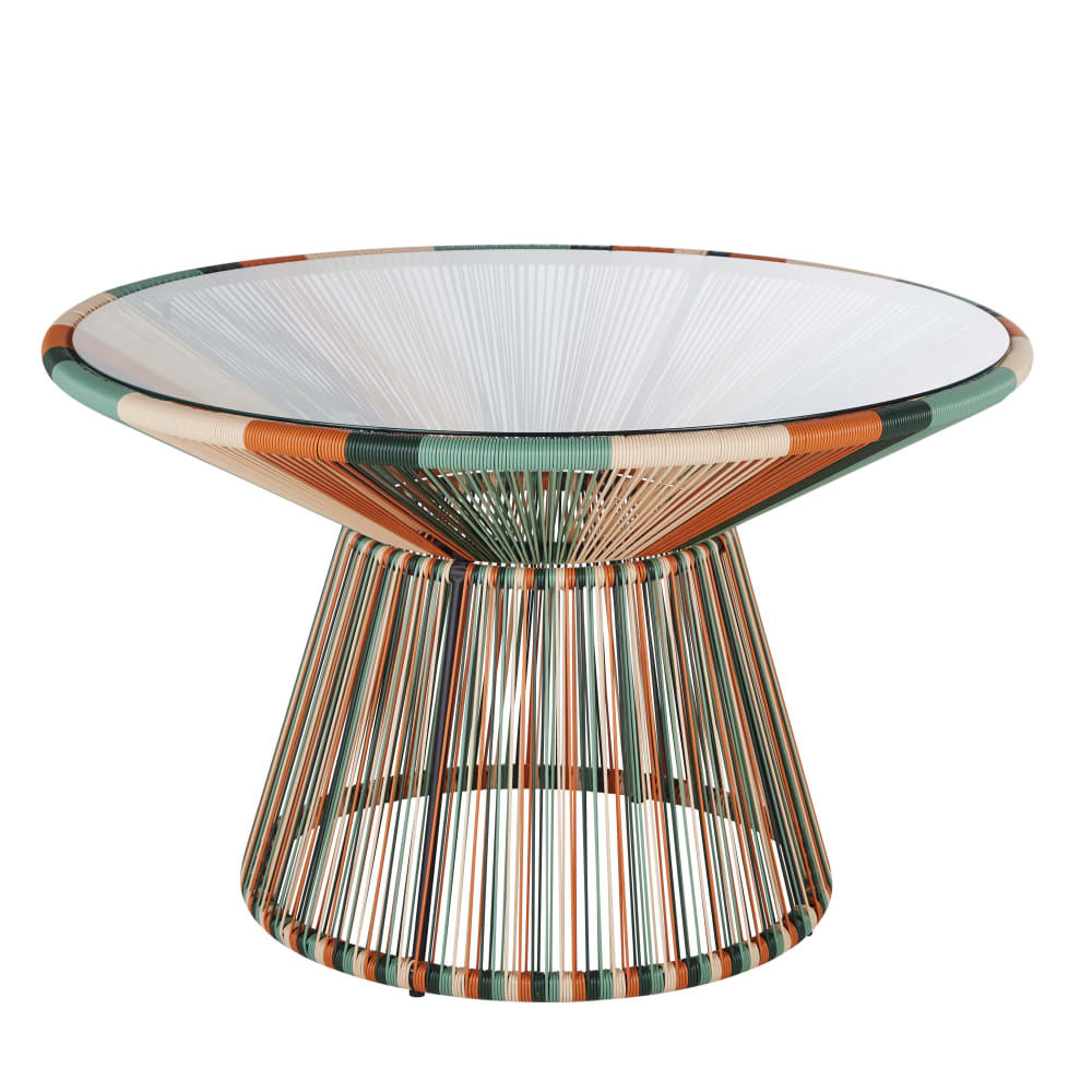 Table à dîner de jardin ronde professionnelle 4 personnes en résine recyclée multicolore et verre trempé