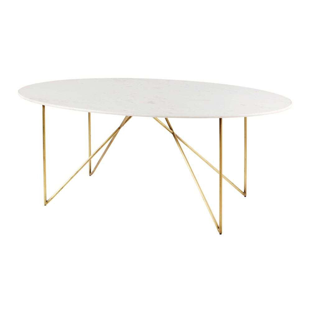 Table à manger 4/6 personnes en marbre reconstitué blanc et fer doré L200