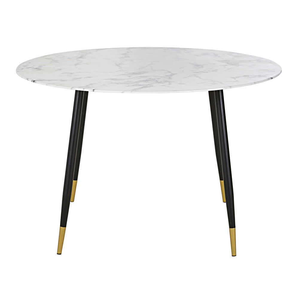 Table à manger en verre effet marbre blanc et acier coloris laiton et noir 5/6 personnes D120