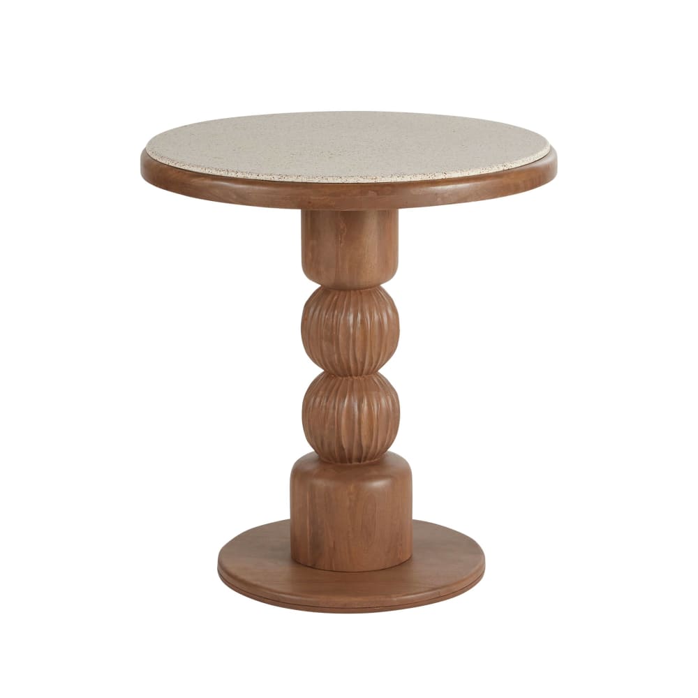 Table à manger professionnelle ronde effet terrazzo et pied totem en bois de manguier 2/4 personnes D70