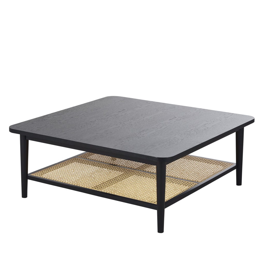 Table basse 2 plateaux noire et cannage en rotin L100