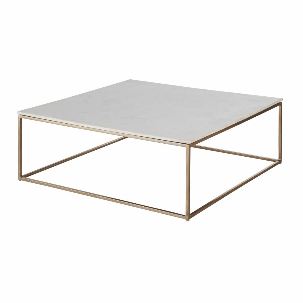 Table basse carrée en marbre blanc et métal coloris laiton L100