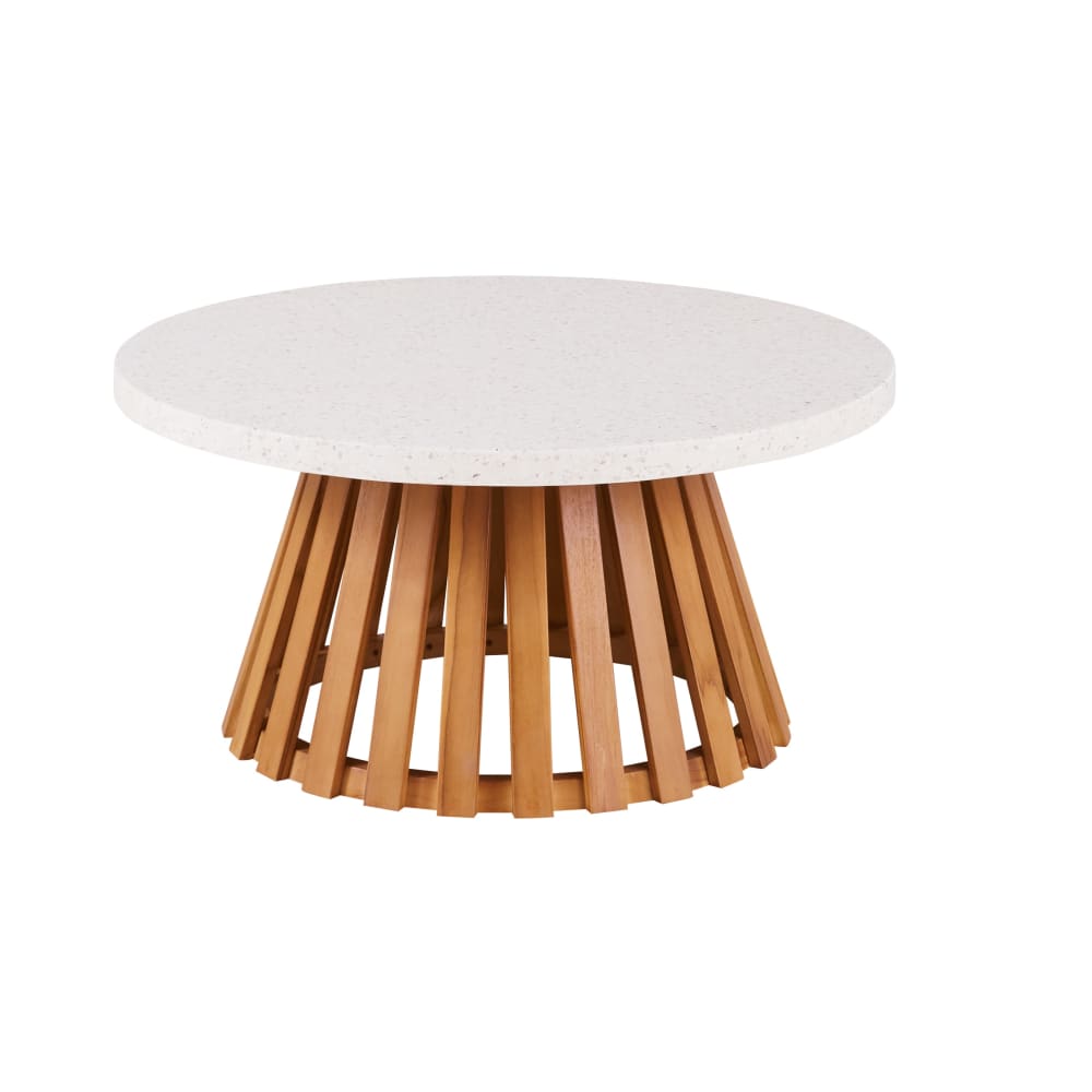 Table basse d'extérieur professionnelle effet terrazzo et bois de teck