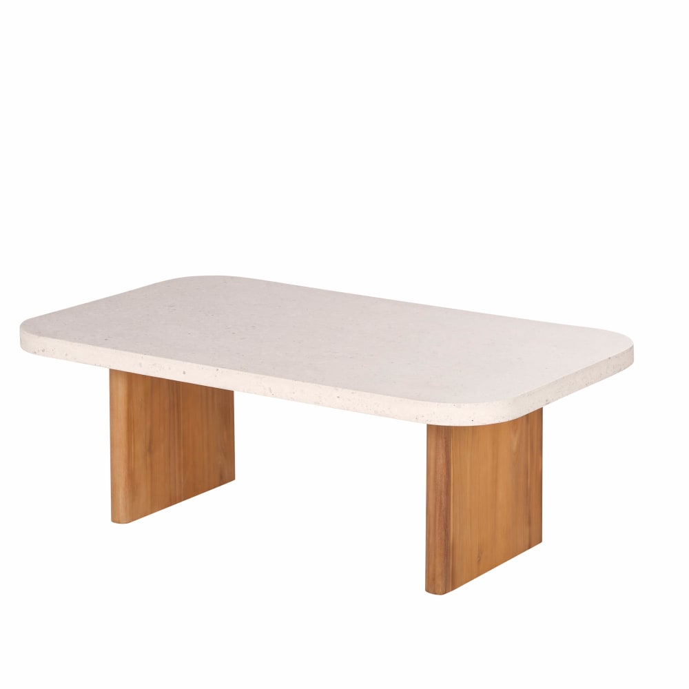 Table basse de jardin en pierre et composite effet terrazzo écru et bois de teck L110