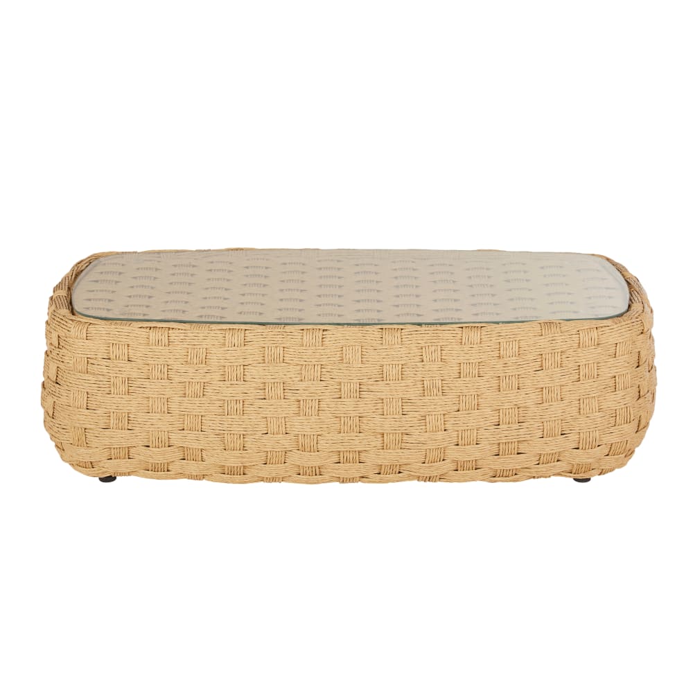 Table basse de jardin en résine tressée recyclée beige et verre trempé L118