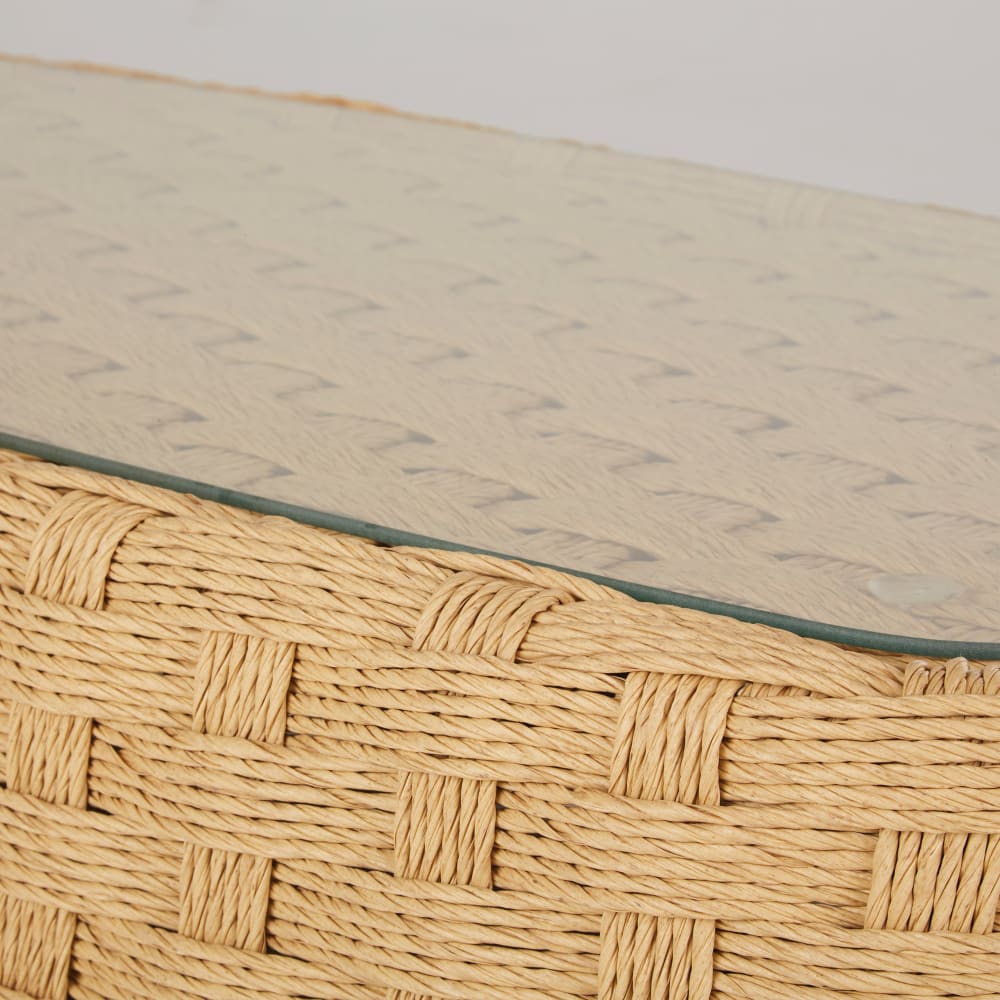 Table basse de jardin en résine tressée recyclée beige et verre trempé L118 — vue 4
