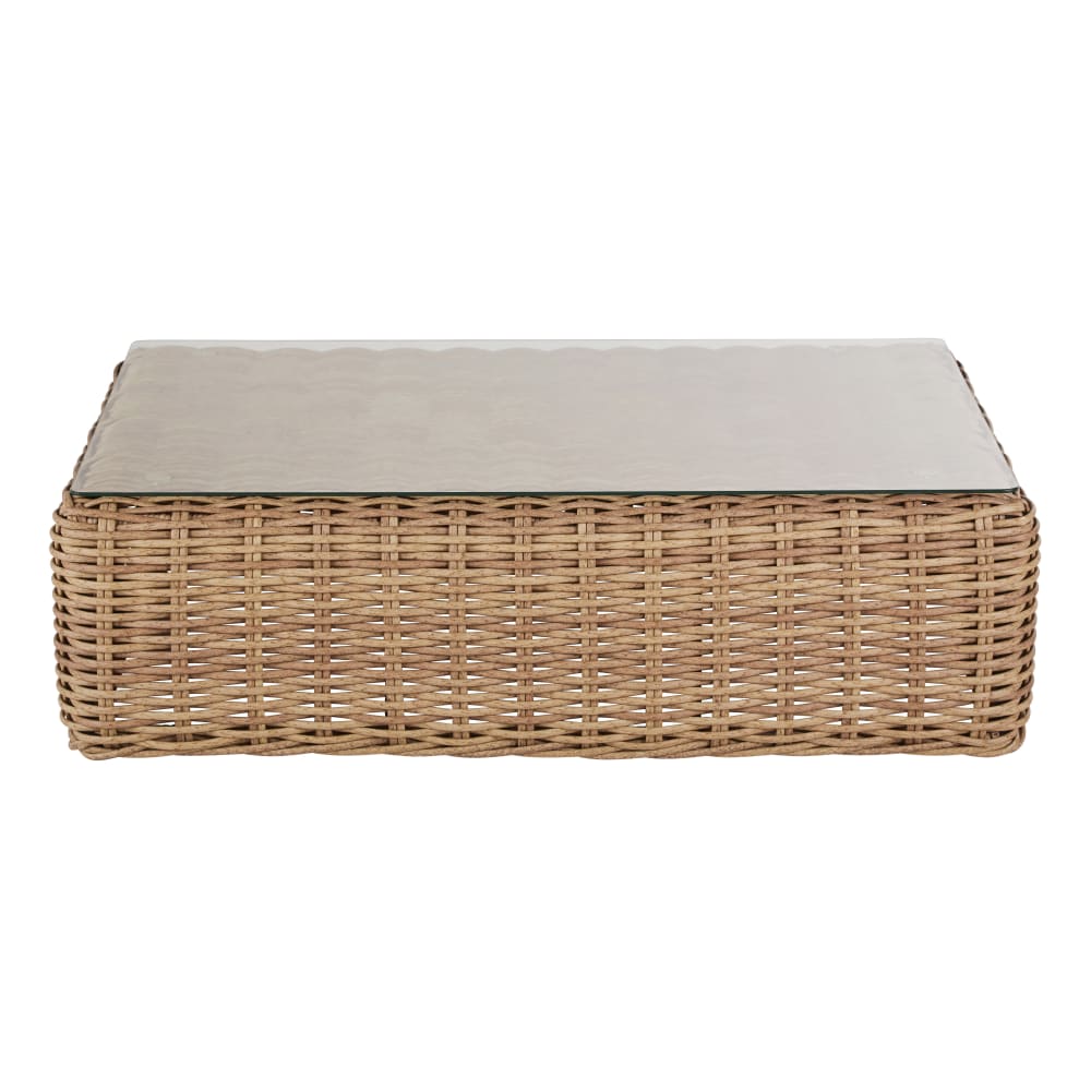 Table basse de jardin en résine tressée recyclée beige et verre trempé L119