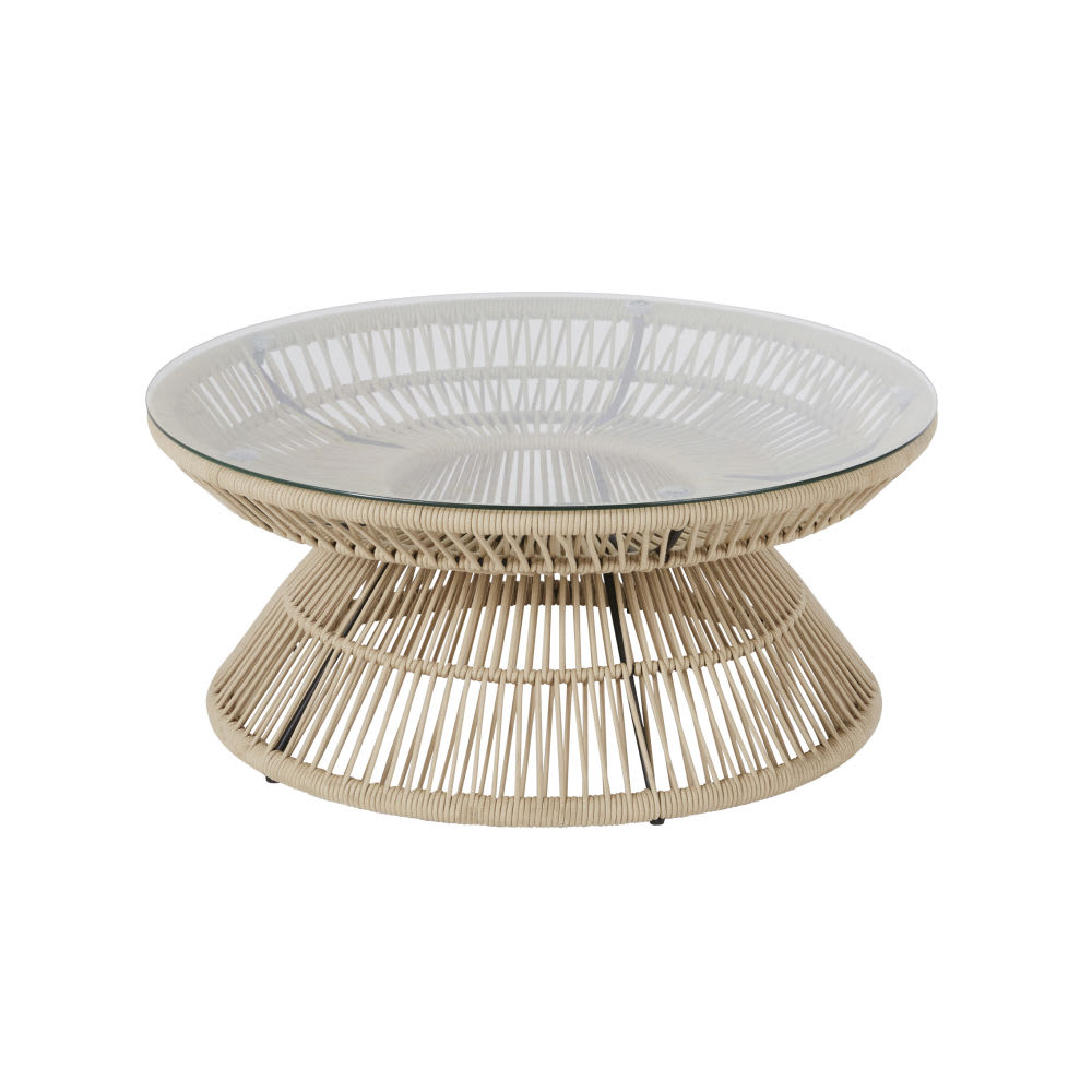 Table basse de jardin ronde en corde beige et verre D80