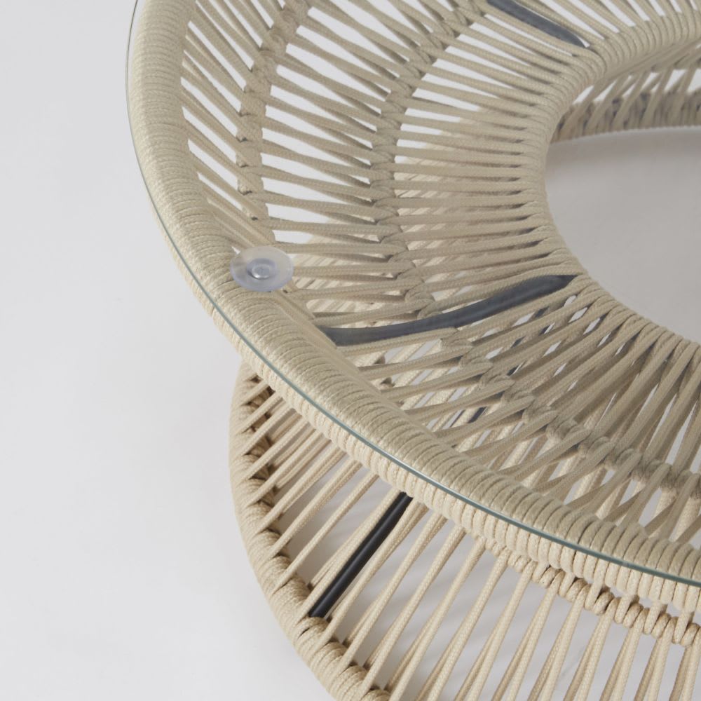 Table basse de jardin ronde en corde beige et verre D80 - Maisons du Monde