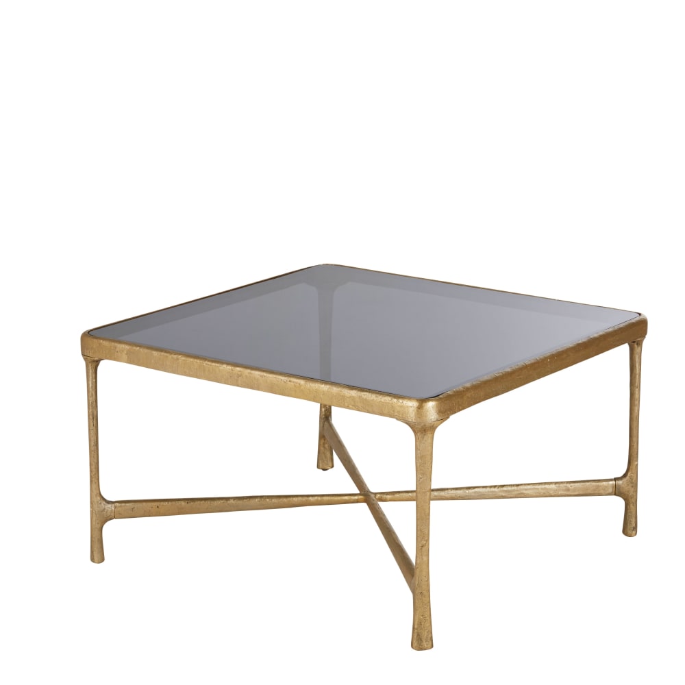 Table basse en fonte d'aluminium effet laiton vieilli et verre