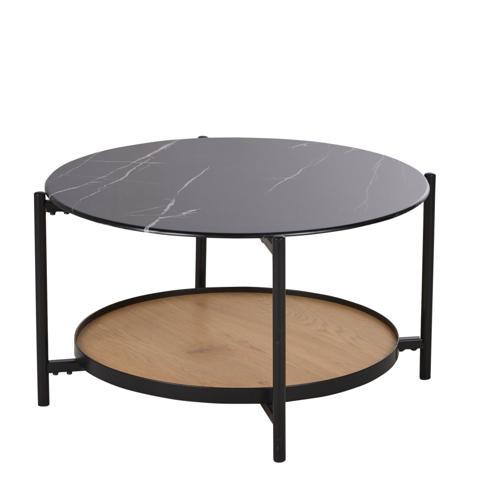 Table basse ronde en verre trempé imprimé imitation marbre et métal noir D75