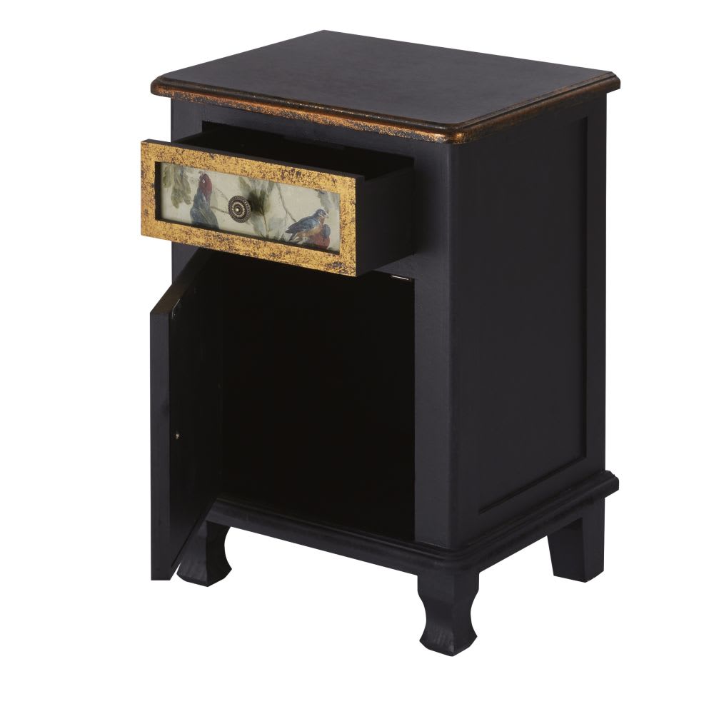 Table de chevet 1 porte 1 tiroir noire et dorée à motifs