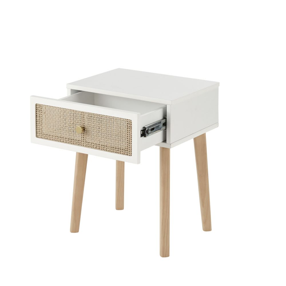 Table de chevet 1 tiroir en pin et rotin tressé — vue 3