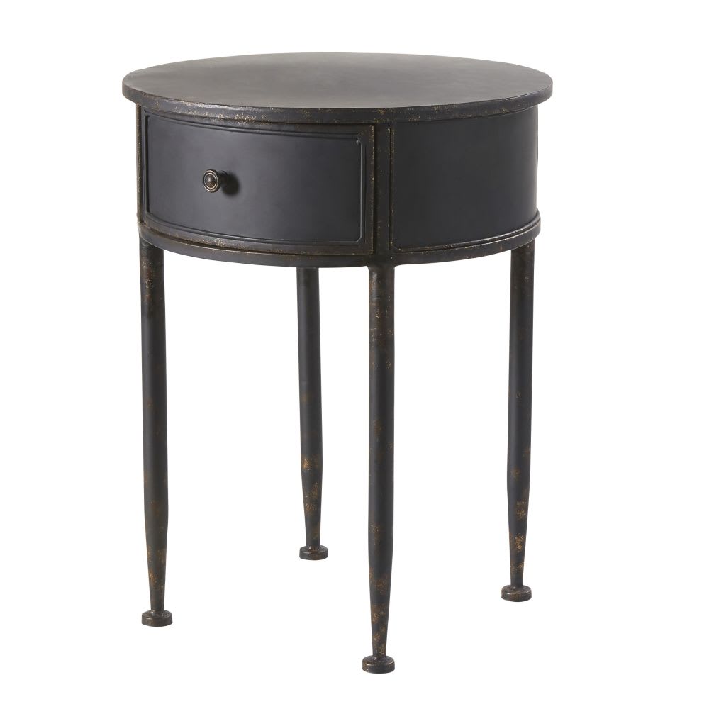 Table de chevet ronde 1 tiroir en fer forgé noir