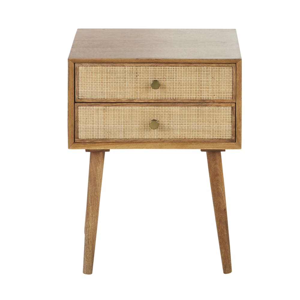 Table de chevet vintage 2 tiroirs en bois de manguier et bambou