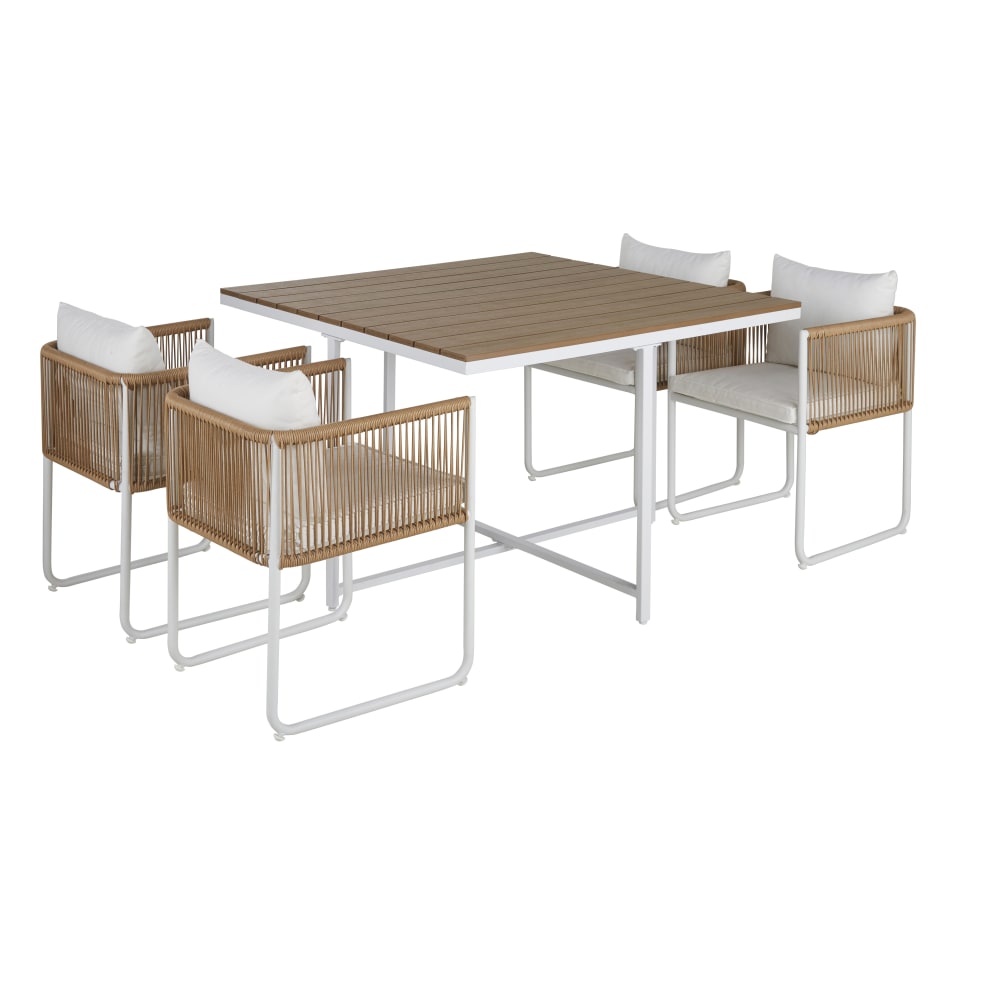 Table de jardin en composite imitation teck 4 personnes L110 et fauteuils encastrables (x4) en résine recyclée imitation rotin