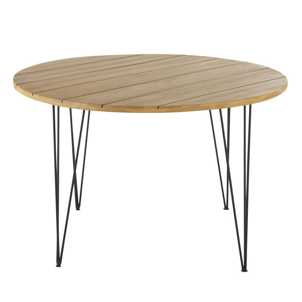 Table de jardin ronde en acacia massif et métal noir 4 personnes D120