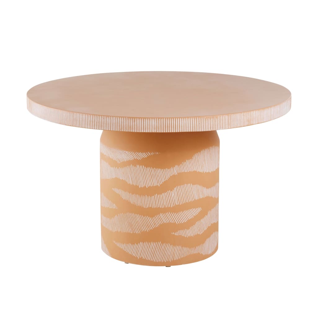 Table de jardin ronde en fibre de ciment gravé coloris argile orangé 4 personnes D120