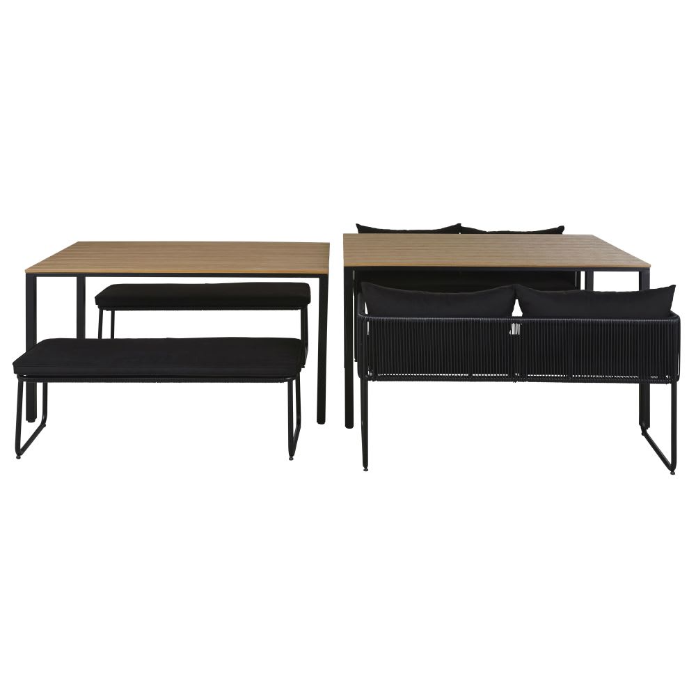 Tables 4 personnes (x2) en composite imitation teck et bancs (x4) en résine noire