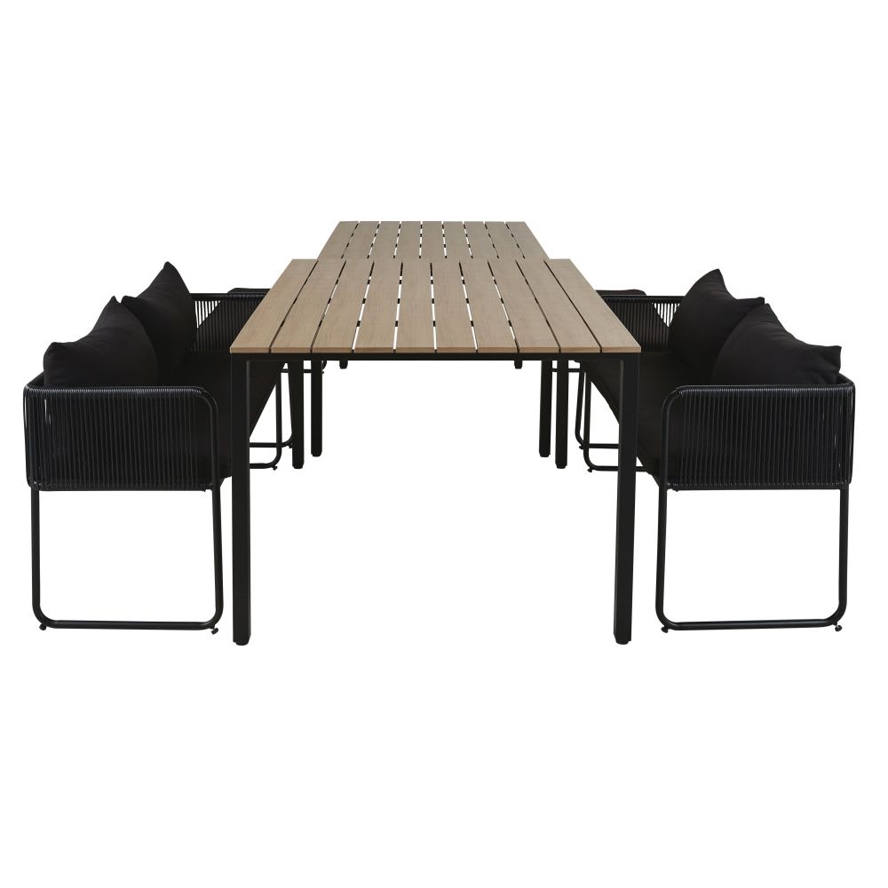 Tables 4 personnes (x2) en composite imitation teck et bancs (x4) en résine noire