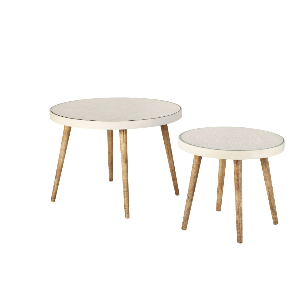 Tables gigognes blanches motifs gravés et verre — Beyit