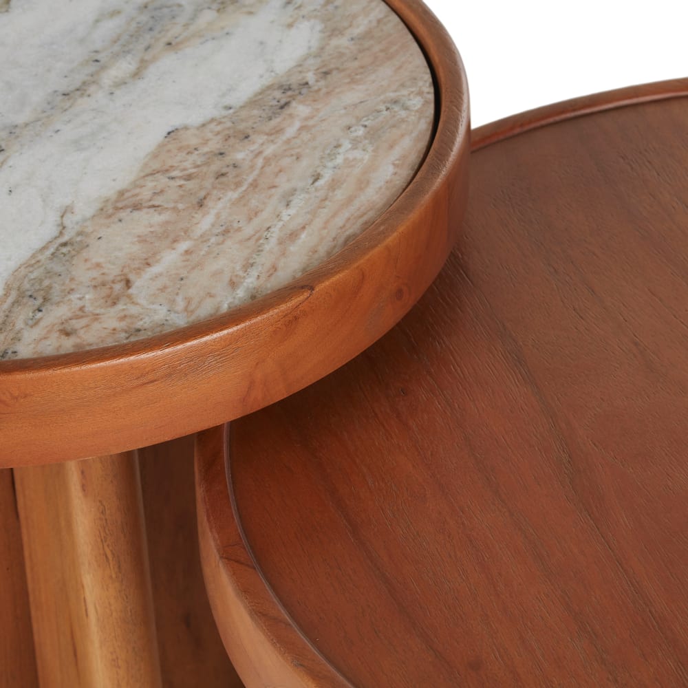 Tables gigognes rondes en bois d'acacia massif et marbre - Maisons du Monde