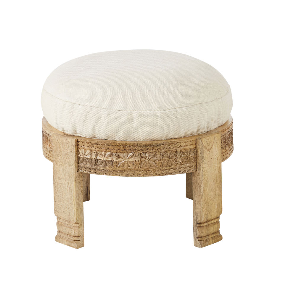 Tabouret en bois de manguier et coussin en coton beige - Maisons du Monde