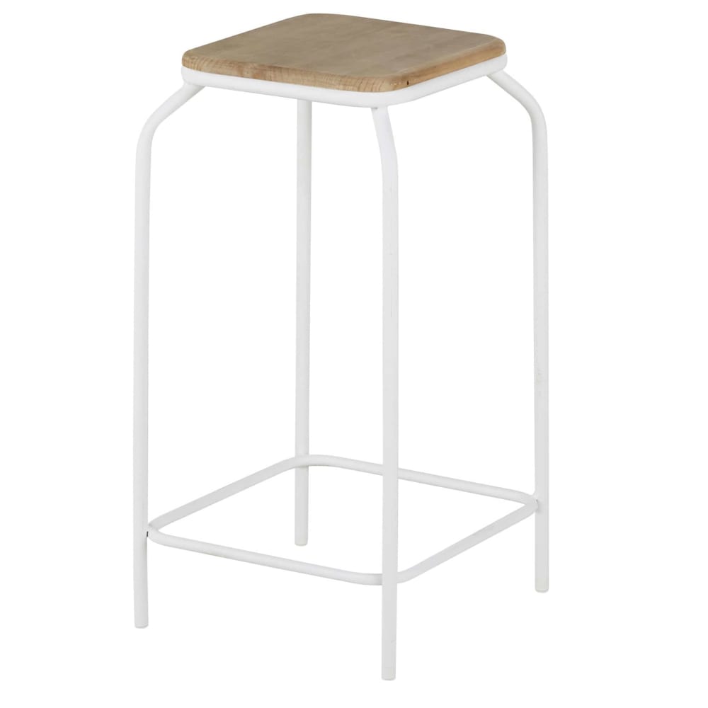 Tabourets pour îlot central en acier blanc et bois de sapin (x2) H65 - Maisons du Monde