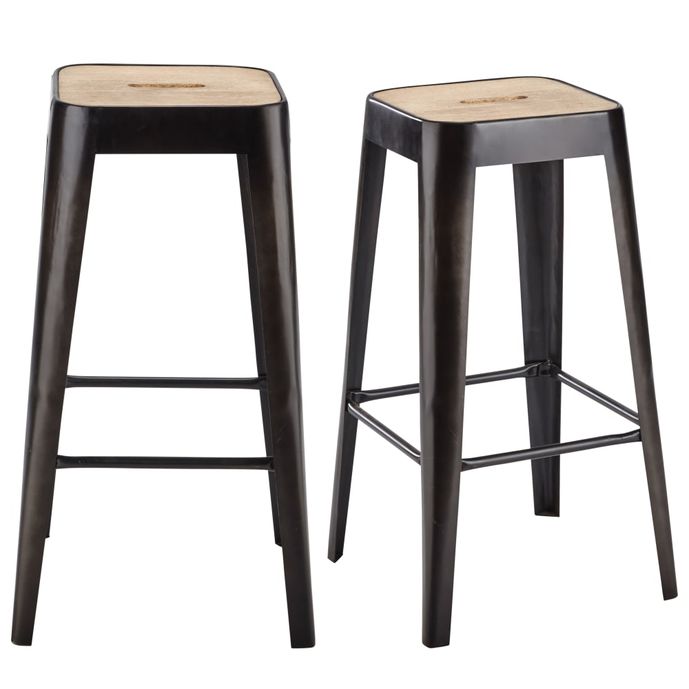 Tabourets pour îlot central industriels en bois de manguier et acier H69 (x2) Tabourets pour îlot central industriels en bois de manguier et acier H69 (x2)