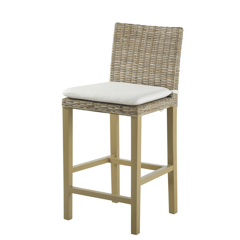taburete alto de ratan kubu color grisaceo y caoba maciza  alt 65 cm