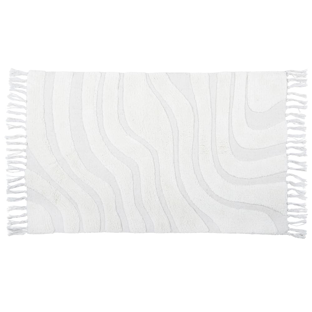 Tapis en coton recyclé tufté blanc motif ondulés et franges 60x90