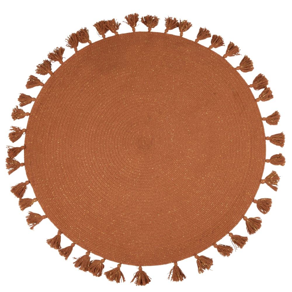 Tapis enfant rond caramel et doré à pompons D110