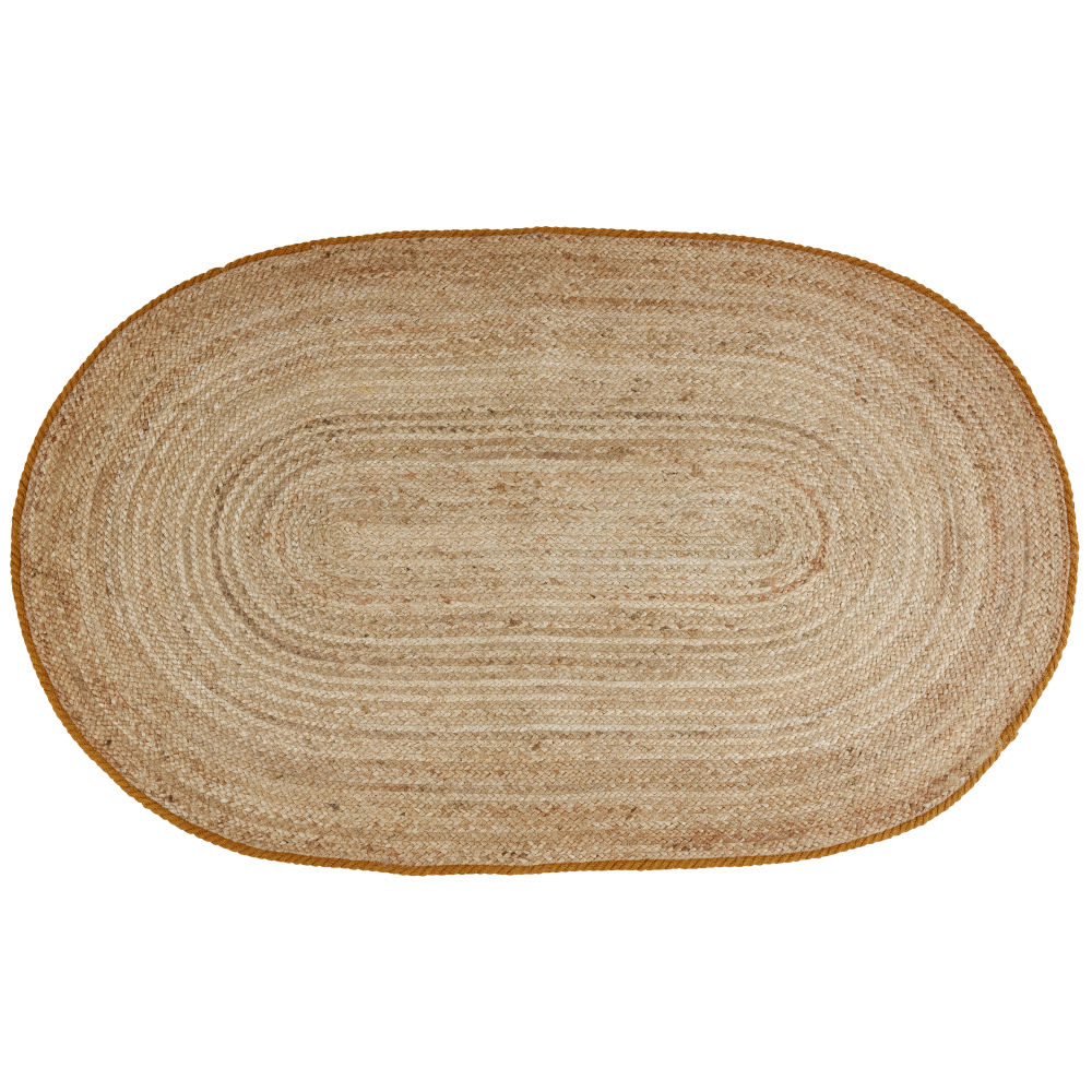 Tapis ovale en jute tressé et coton ocre, 90x150 cm