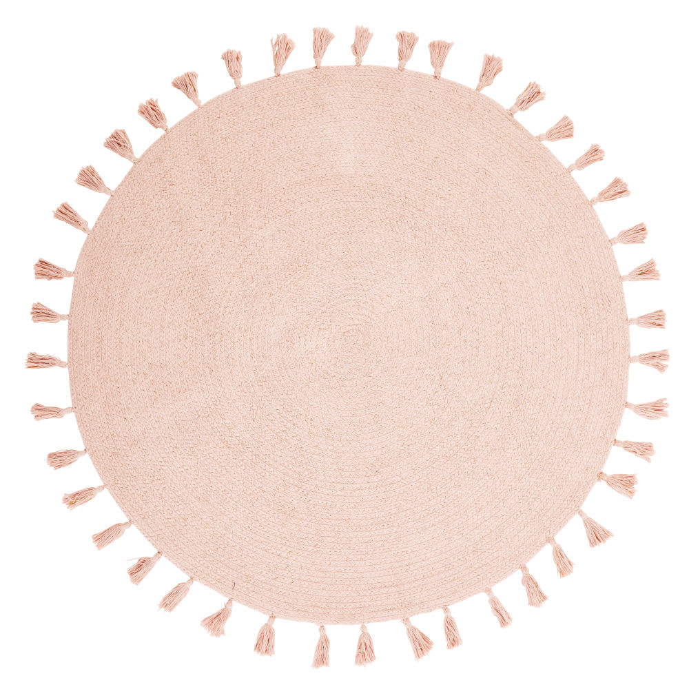 Tapis rond à pompons en coton recyclé rose D100