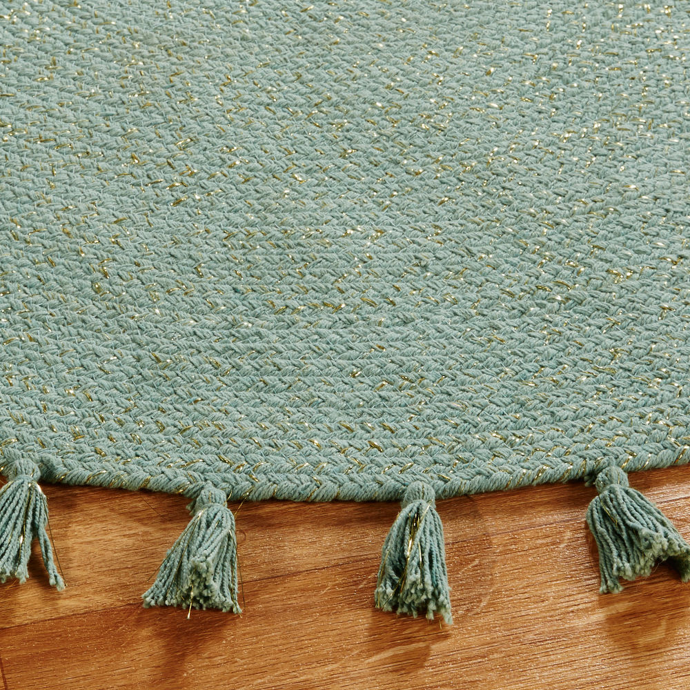 Tapis rond en coton recyclé vert à pompons D100 — vue 3