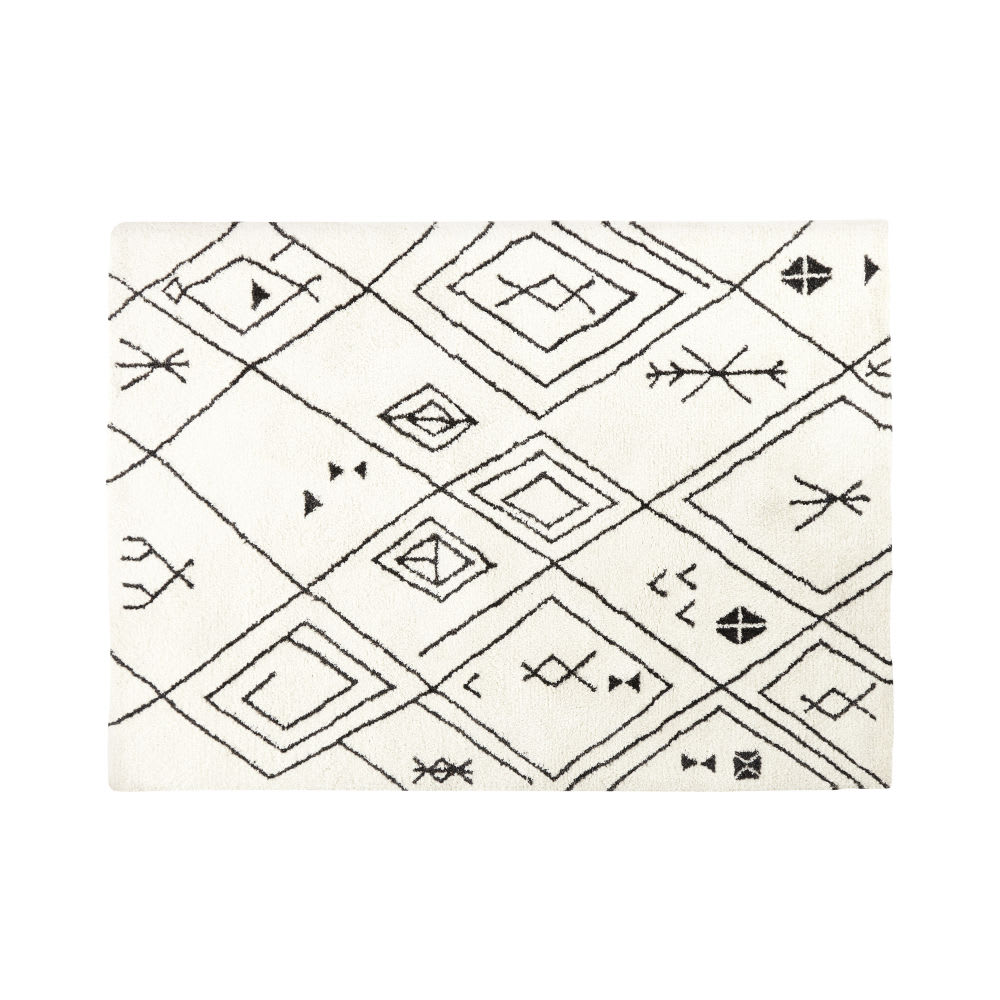 Tapis tufté écru motifs graphiques noirs, 140x200 cm