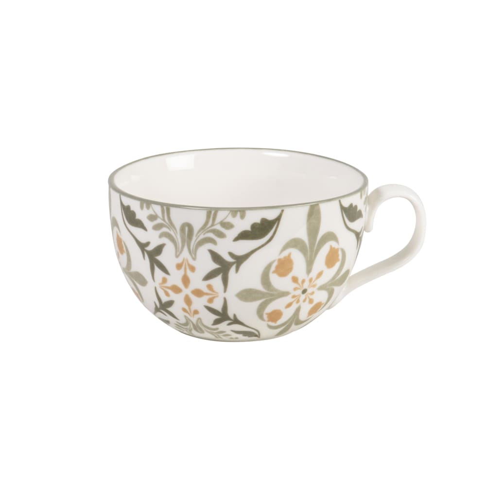 Tasse en céramique blanche motif floral vert et ocre Tasse en céramique blanche motif floral vert et ocre