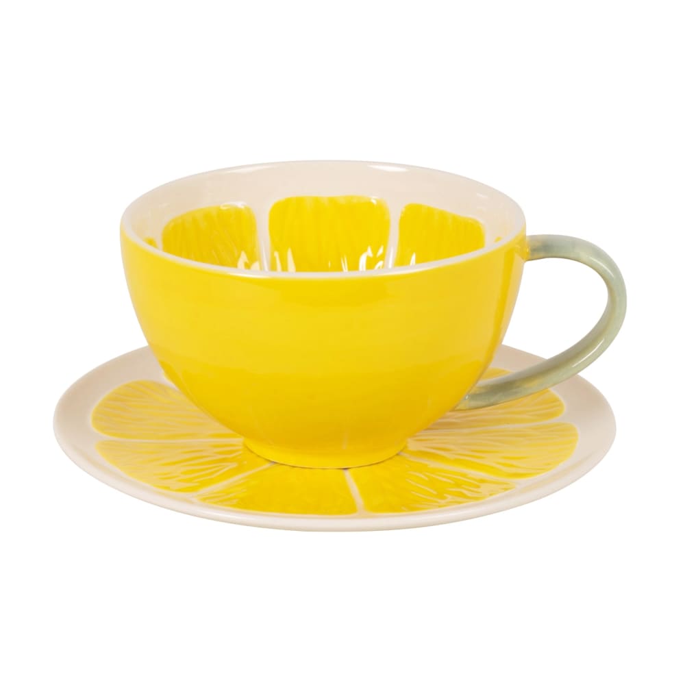 Tasse et soucoupe citron en grès jaune et vert
