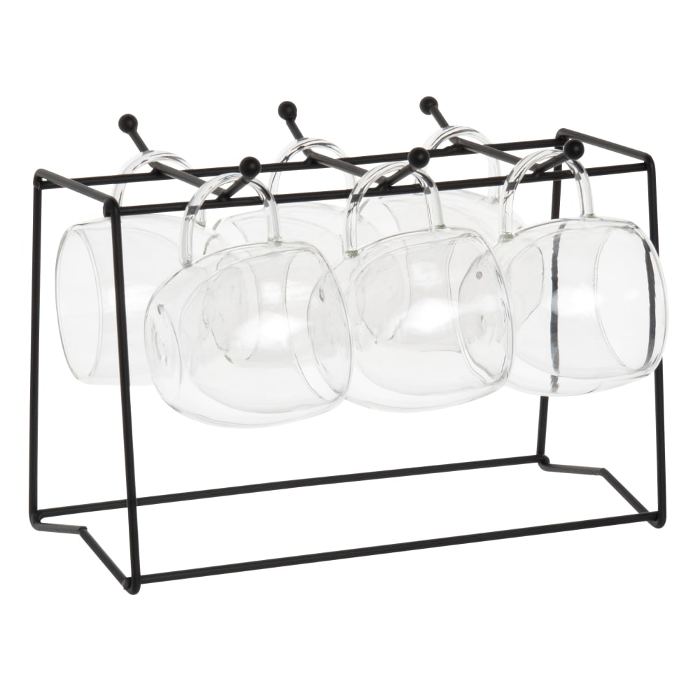 Tasses à café double paroi en verre transparent (x6) et support en métal noir