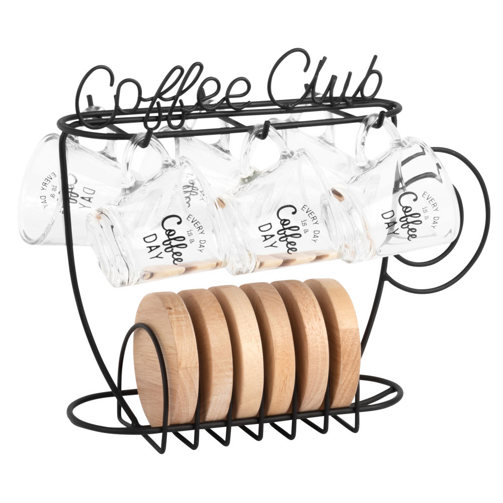 Tasses à café en verre (x6) et support en acier noir