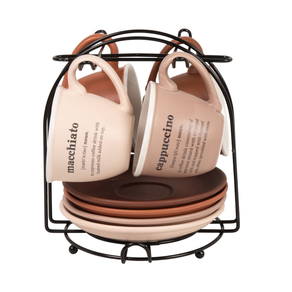Tasses+à+cafe+et+soucoupes+(x4)+en+porcelaine+marron,+beige+et+support+en+metal+noir