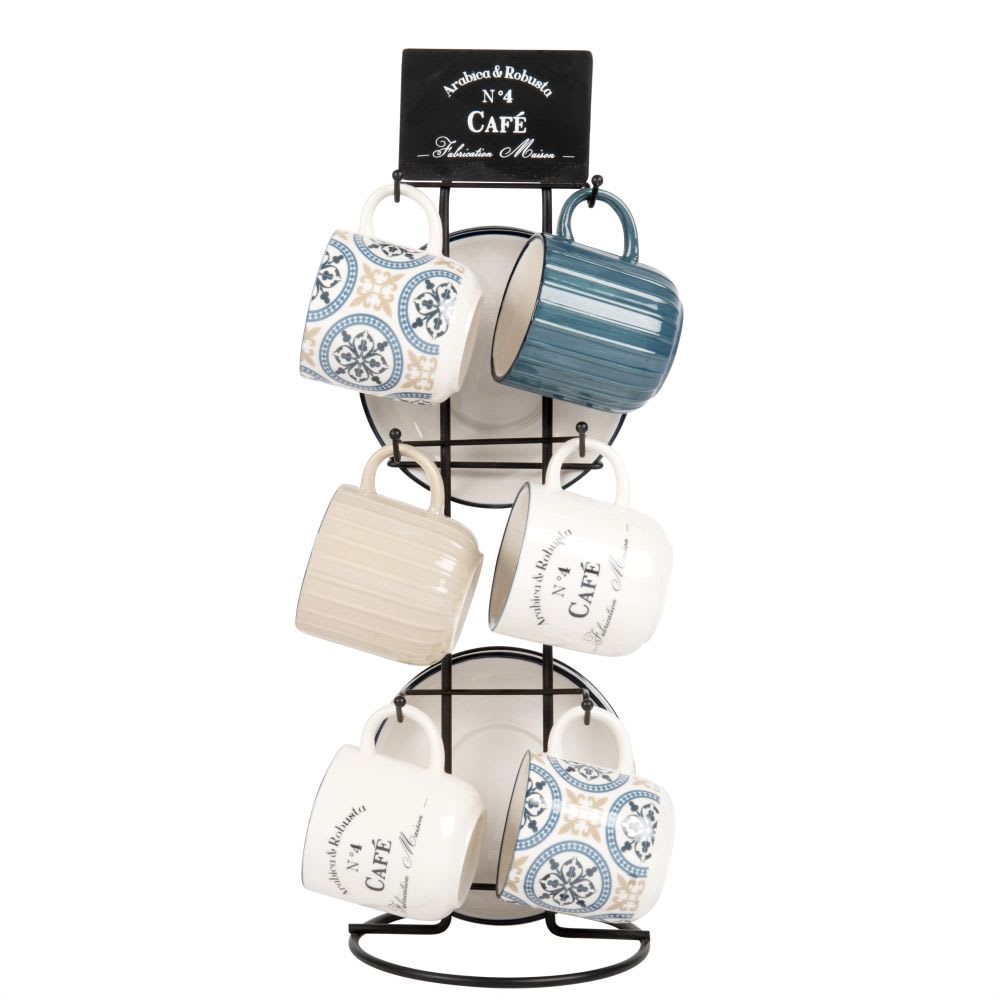 Tasses en céramique blanche et bleue à motifs (x6) avec support en métal Tasses en céramique blanche et bleue à motifs (x6) avec support en métal