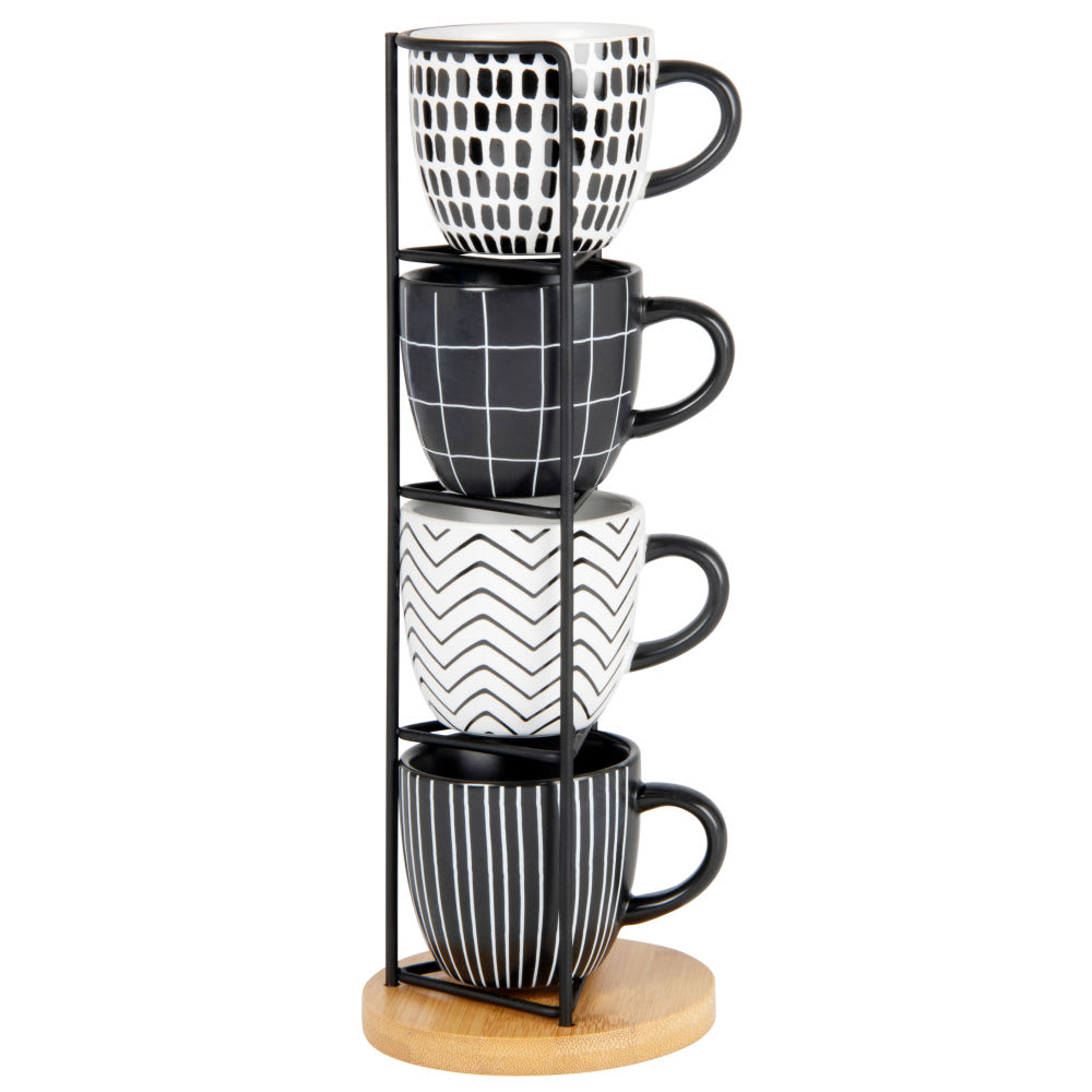 Tasses en céramique noire et blanche motifs graphiques (x4) support en métal noir Tasses en céramique noire et blanche motifs graphiques (x4) support en métal noir