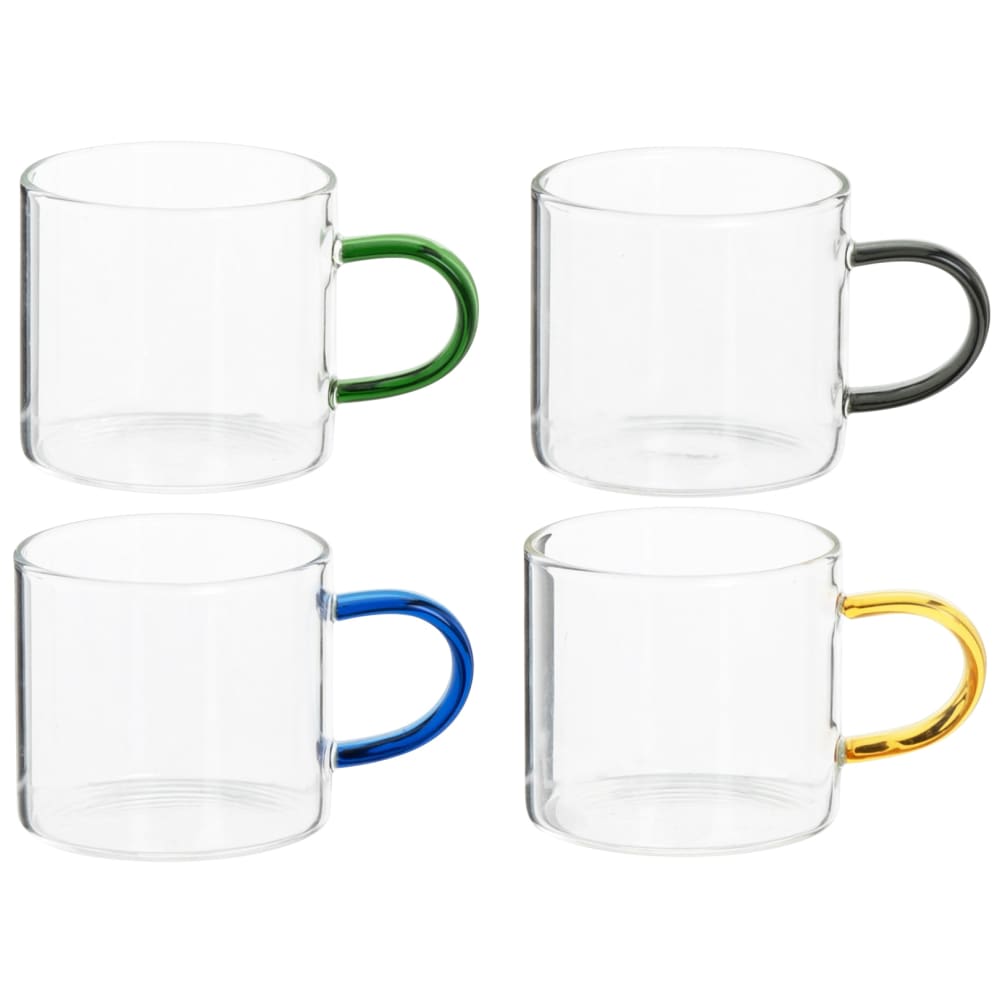 Tasses en verre transparent, jaune, bleu et gris (x4)