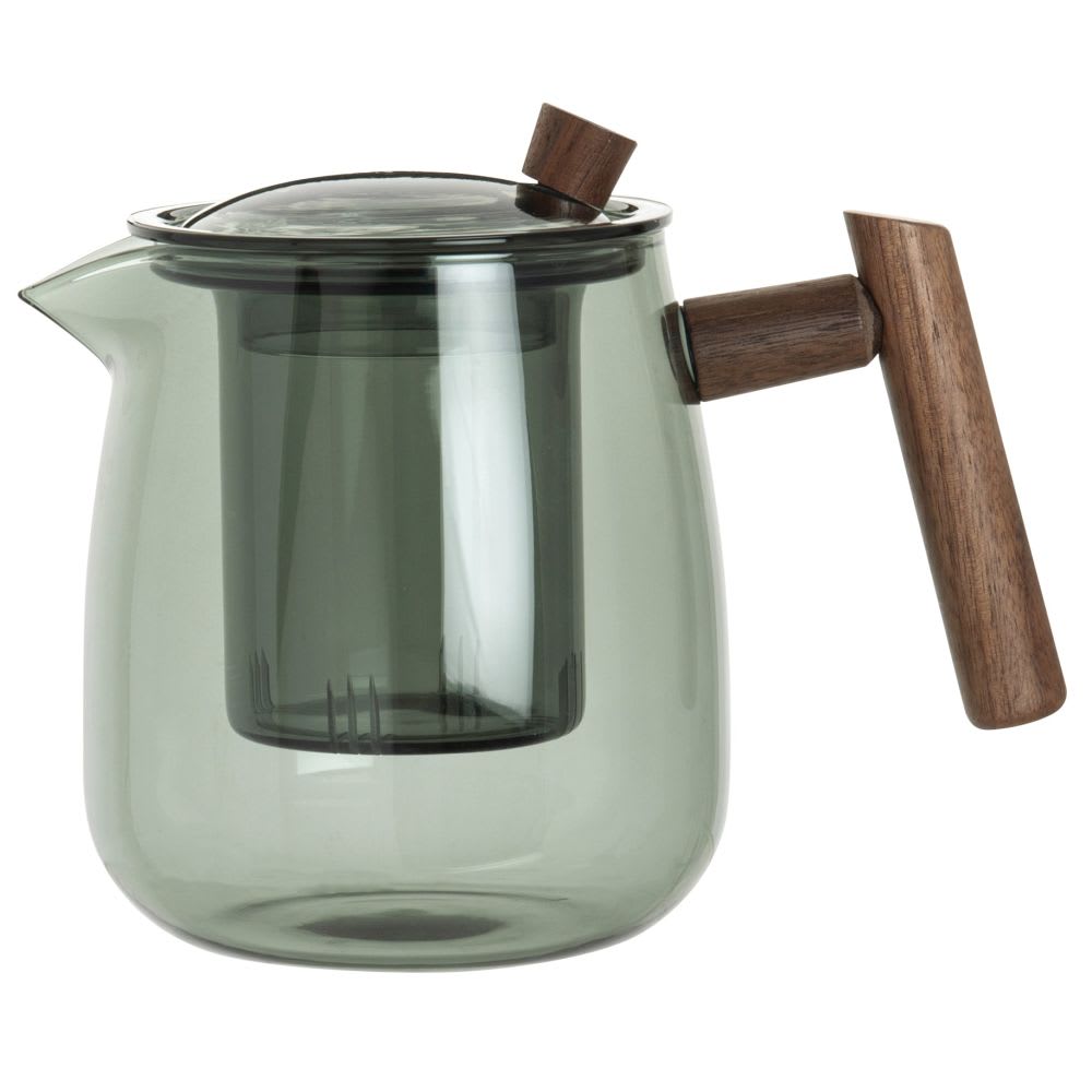Théière en verre teinté gris anse en bois d'acacia 1,2L