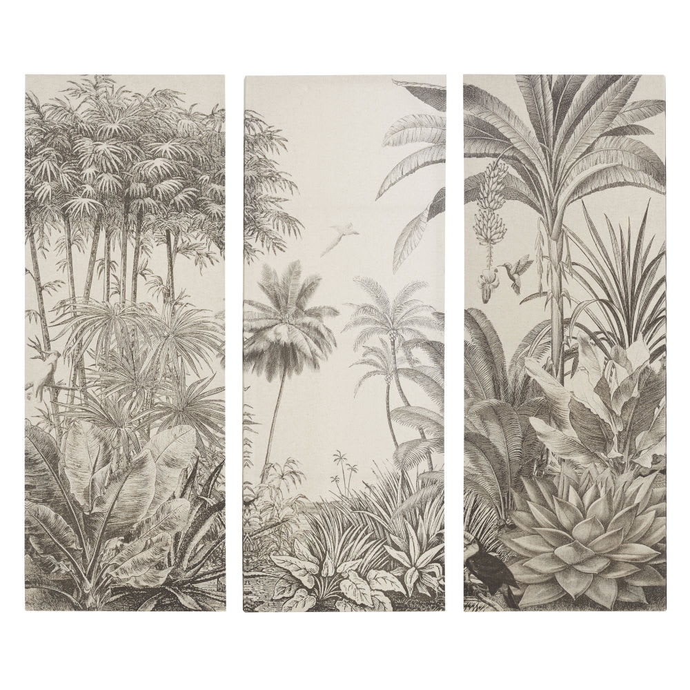 Toiles imprimées triptyques jungle noire et beige, 135x120 cm